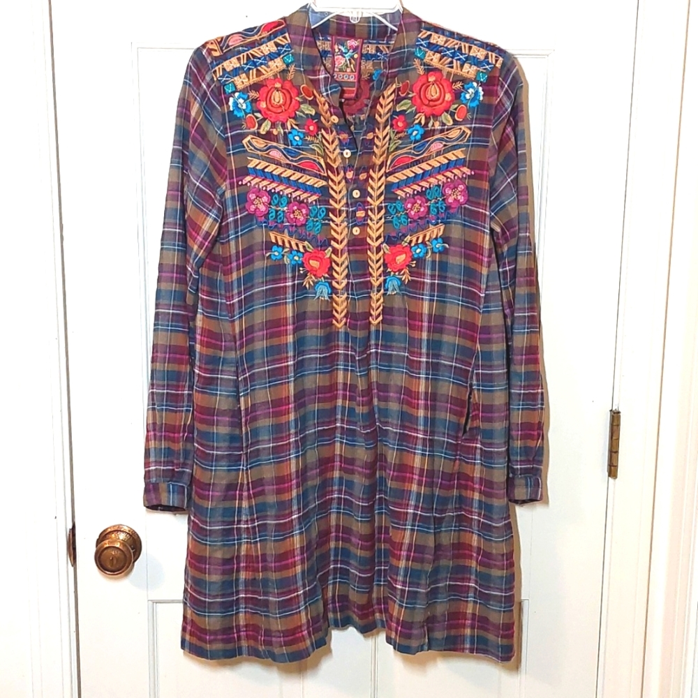 Johnny Was plaid embroidered mini dress with pockets, size S